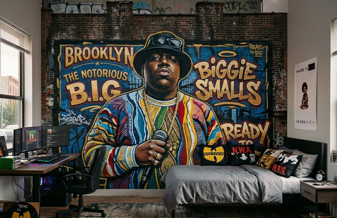 Großflächiges Biggie-Smalls-Graffiti-Mural an einer Schlafzimmerwand im Brooklyn-Stil